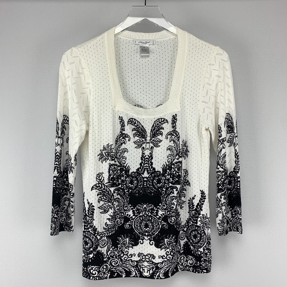 VINTAGE MONA LEAH COUTURE White/Black Beaded Filagree 3/4 Sleeve Blouse …